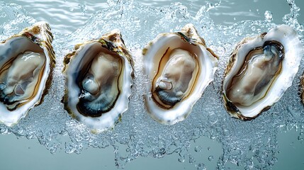 many oysters with wavy splashes of water is photographed as a water splash blows over the oyster, in the style of light beige and sky-blue,