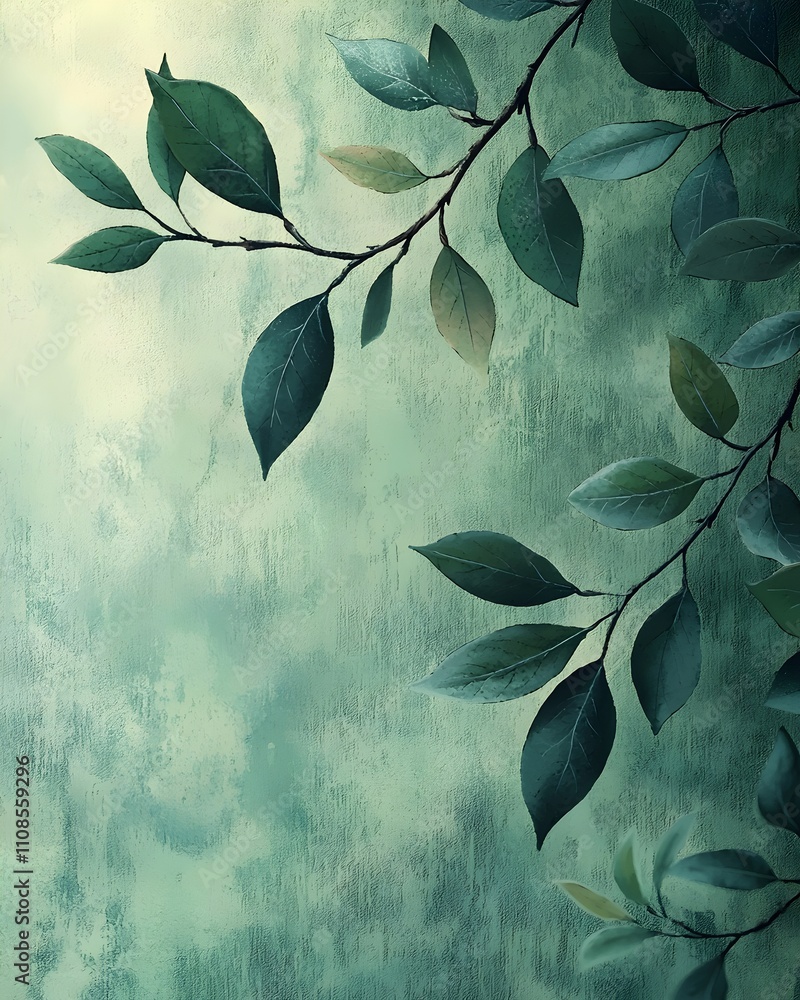 Poster a close-up of lush green leaves gracefully cascading across a textured teal backdrop, creating a ser