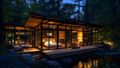 Obraz premium Serene Nighttime View of a Modern Glass Cabin Nestled in a Lush Forest near a Tranquil Pond, Illuminated by Warm Interior Lighting
