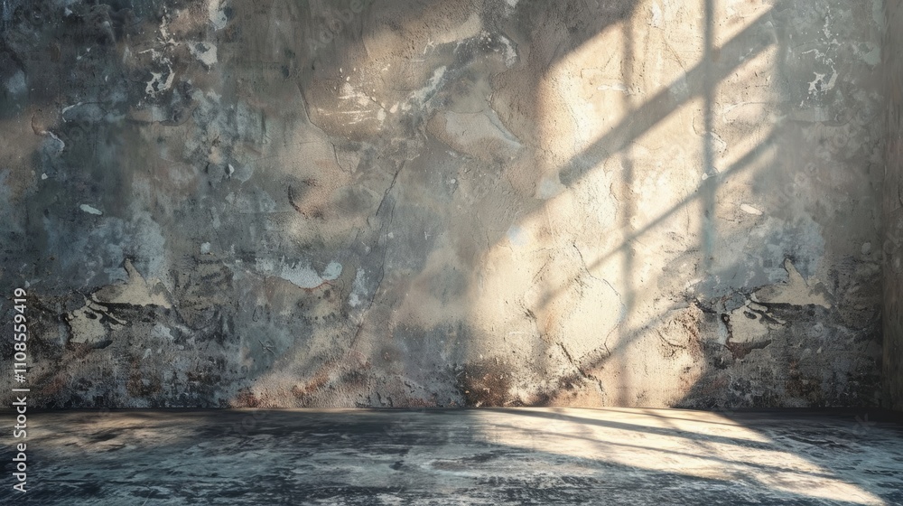 Poster sunlight casts shadows on a textured concrete wall in an empty industrial space, creating a dramatic