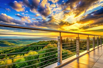 Fototapeta premium Minimalist Stainless Steel Railing Landscape Photography: Clean Lines, Uninterrupted Views