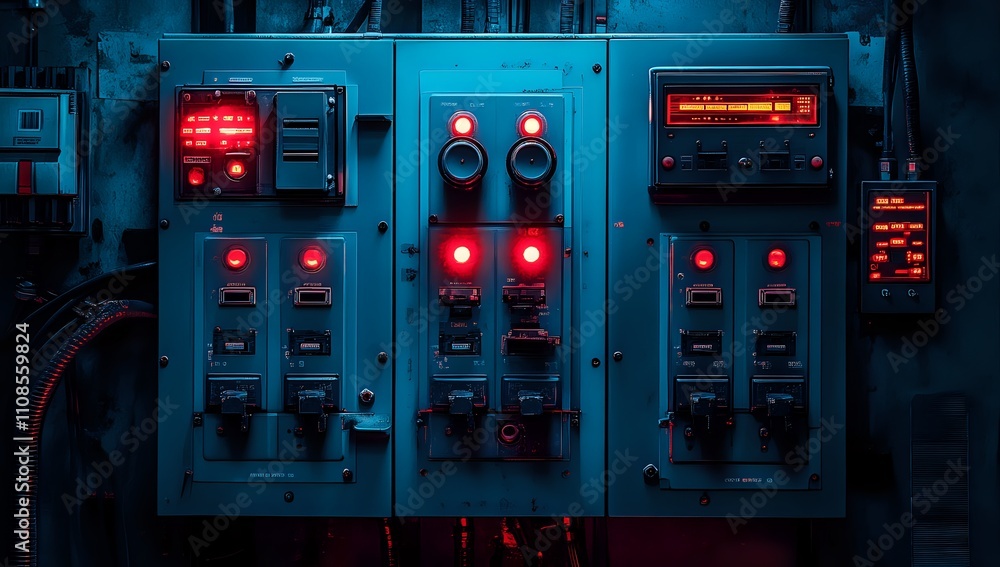 Poster retro futuristic control panel: illuminated switches and displays in a dark setting