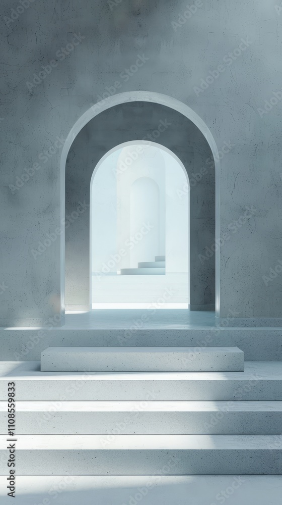 Poster a minimalist architectural design featuring arched doorways and soft lighting, creating a serene and