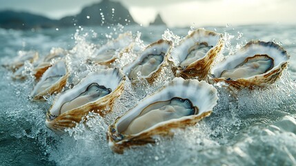 many oysters with wavy splashes of water is photographed as a water splash blows over the oyster, in the style of light beige and sky-blue,