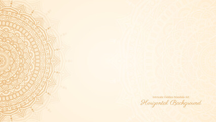 Horizontal Detailed Mandala Art Pattern Featuring Golden Accents on a Subtle Cream Horizontal Background