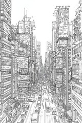 Obraz premium A detailed line drawing of a bustling city street, showcasing crowded sidewalks and busy traffic amidst towering skyscrapers and vibrant advertisements.