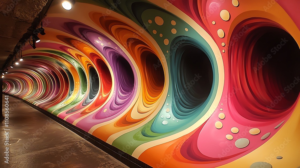 Poster bright and playful abstract mural with vibrant waves of color in a tunnel setting, showcasing dynami