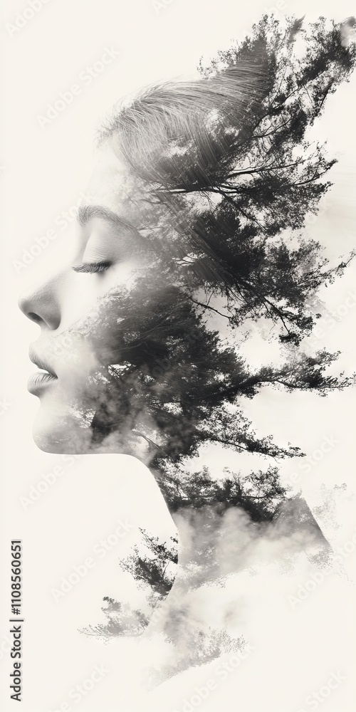 Poster artistic double exposure of a woman's profile blended with trees and clouds, creating a serene and i