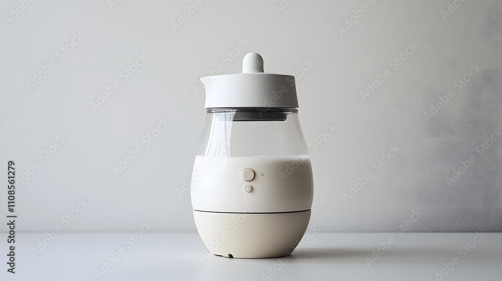 Poster an electric yogurt maker with a glass jar, displayed on a plain white surface to emphasize its clean