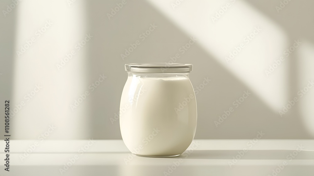 Poster an electric yogurt maker with a glass jar, displayed on a plain white surface to emphasize its clean