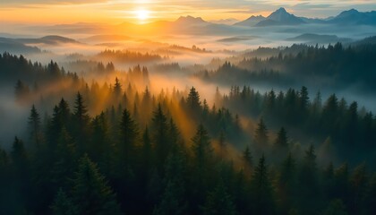 Obraz premium Majestic Sunrise Over Misty Forests: A Breathtaking Landscape of Trees and Mountains Illuminated by Golden Light
