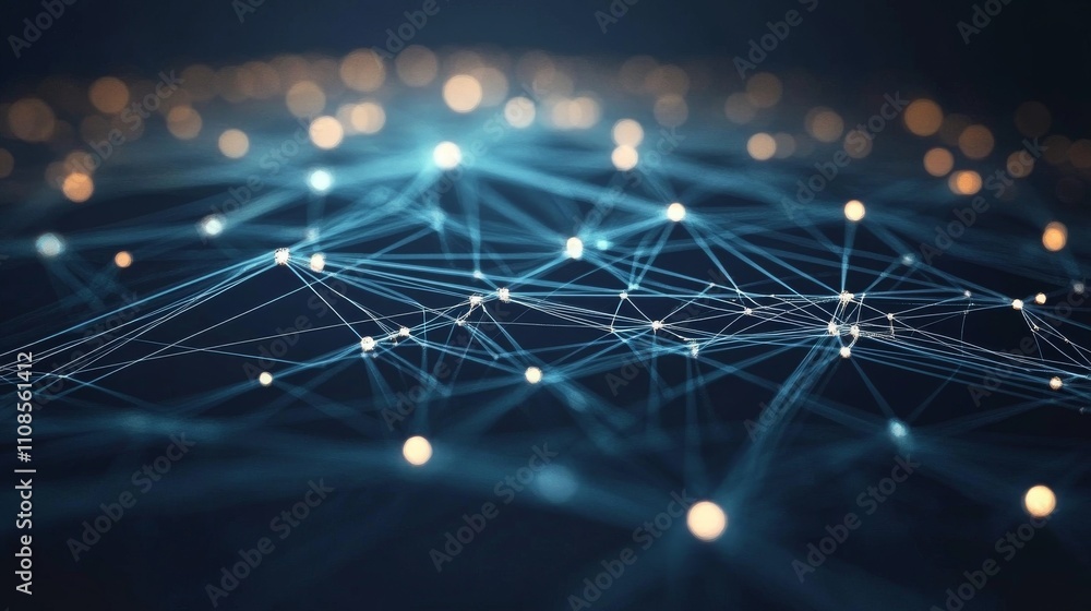 Poster featuring a futuristic network of interconnected lines, nodes, and digital elements, creating a visu