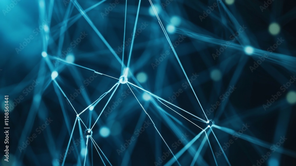 Poster featuring a futuristic network of interconnected lines, nodes, and digital elements, creating a visu