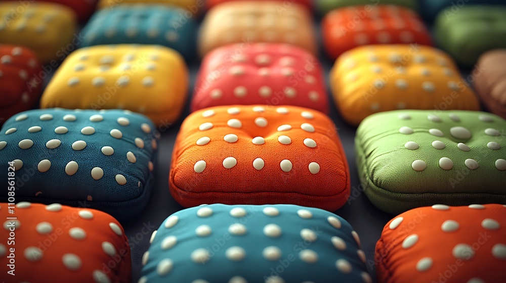 Poster close-up shot of beautifully designed fabric cushions displaying a colorful array of patterns and te