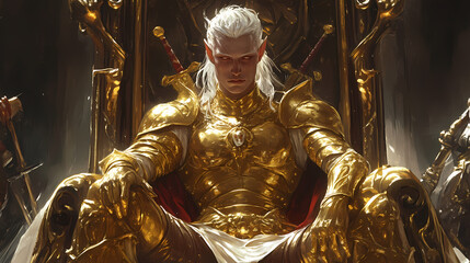 Skinny immortal fairy tale character in golden armour on throne. Immortal. Illustration