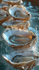 many oysters with wavy splashes of water is photographed as a water splash blows over the oyster, in the style of light beige and sky-blue,