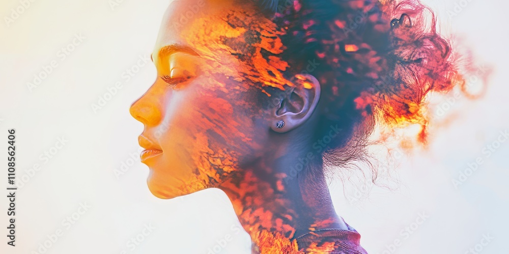 Poster Artistic double exposure of a woman's profile with vibrant abstract colors and nature elements, creating a unique and creative visual effect.
