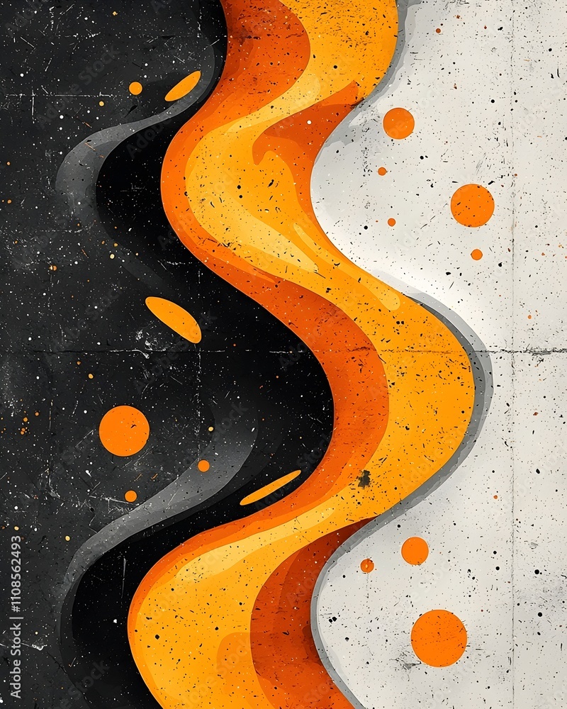 Aufkleber an abstract design featuring flowing black and orange waves against a textured white background, cre