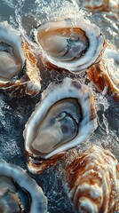 many oysters with wavy splashes of water is photographed as a water splash blows over the oyster, in the style of light beige and sky-blue,