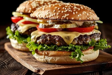 Delicious cheeseburgers with fresh toppings rustic kitchen food photography cozy atmosphere close-up view comfort food indulgence