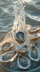 many oysters with wavy splashes of water is photographed as a water splash blows over the oyster, in the style of light beige and sky-blue,