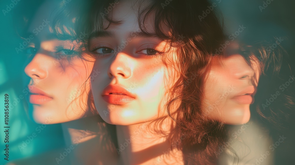 Poster artistic portrait featuring reflections and soft lighting, creating a dreamy and surreal effect.