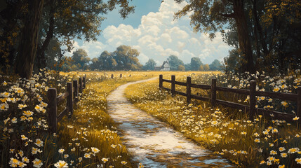 Obraz premium Idyllic country path winding through a meadow with daisies under a sunny sky