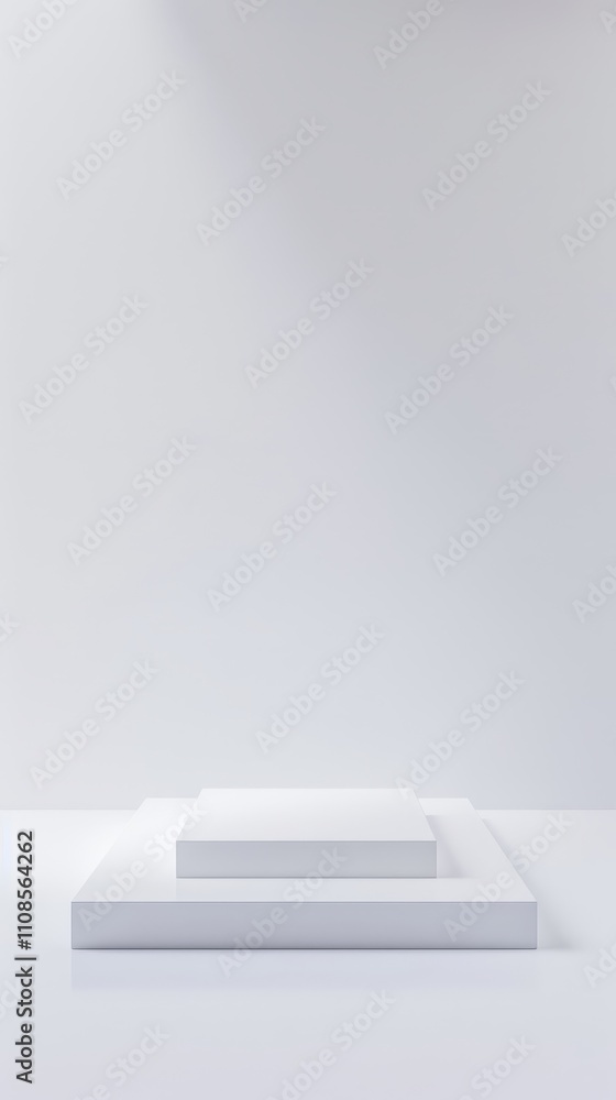 Poster minimalist white pedestal display in a studio setting with soft lighting and a clean background, per