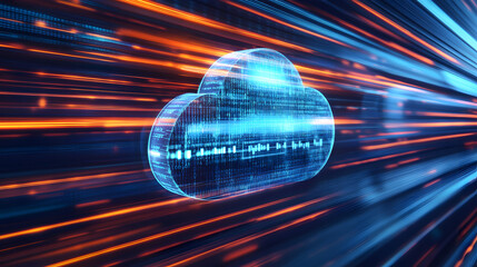 Futuristic cloud computing concept with glowing data streams, digital connectivity, and fast-moving binary code, perfect for technology, cloud storage, and innovation visuals