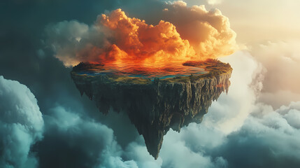 Mystical floating island with stormy sky and vibrant cloudscape. Immortal. Illustration