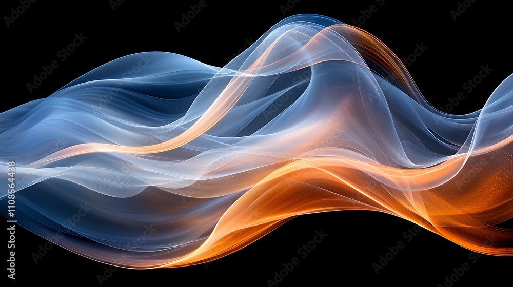Poster fluid abstract design showcasing dynamic interplay of light and color in smooth waves against a dark