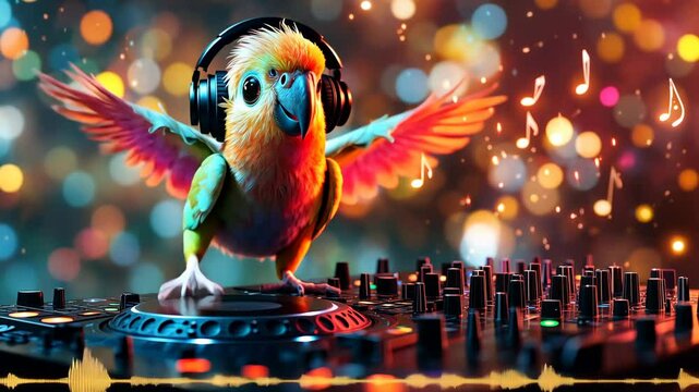 Vibrant Parrot in Headphones DJing at a Colorful Party with Musical Notes Floating Around