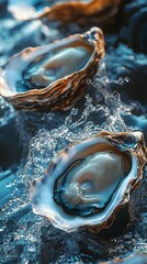 many oysters with wavy splashes of water is photographed as a water splash blows over the oyster, in the style of light beige and sky-blue,