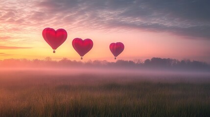 Obraz premium Serene meadow with heart-shaped hot air balloons rising into a pastel dawn, soft mist across the grass, wide lens. 