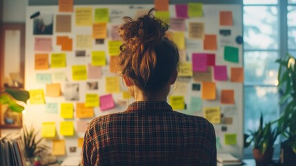 Woman brainstorming ideas in front of colorful sticky notes