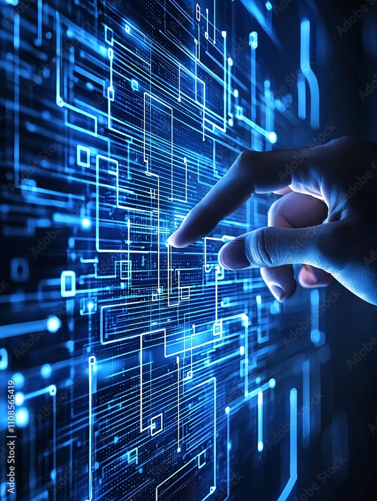 Poster a network engineer analyzing fiber optic signals on a digital interface