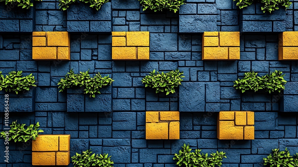 Poster minimalist composition of concentric squares with vivid color contrast and greenery, ideal for moder
