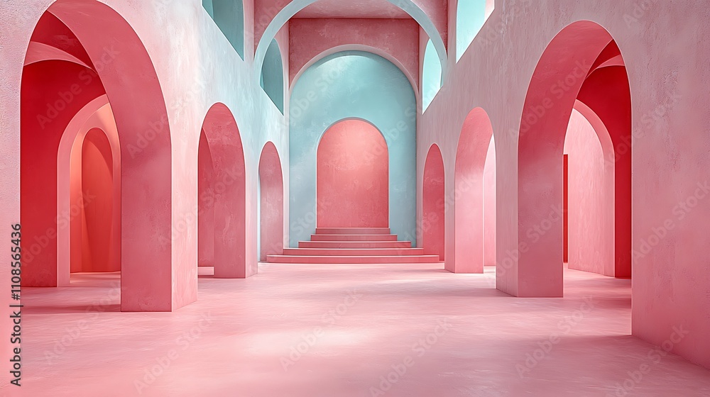 Poster minimalist composition featuring concentric squares and arches in soft pink and blue tones creating 