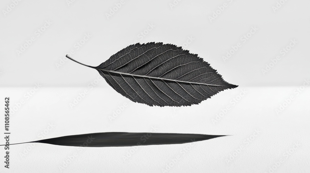 Poster black leaf floating above a smooth surface casting a dark shadow
