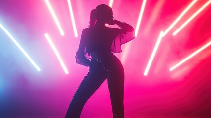 A silhouette of a stylish figure poses against vibrant pink and blue lighting, creating a dynamic and energetic atmosphere.