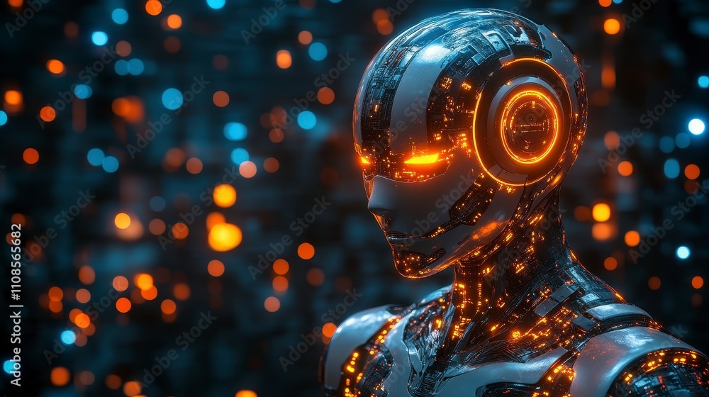 Poster futuristic robot with glowing features in a digital environment