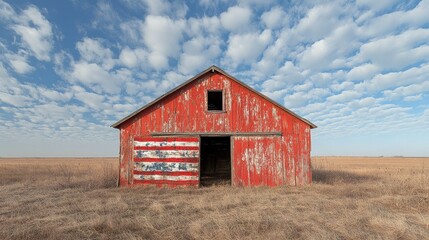 Obraz premium Rustic red barn under a dramatic sky with fluffy clouds