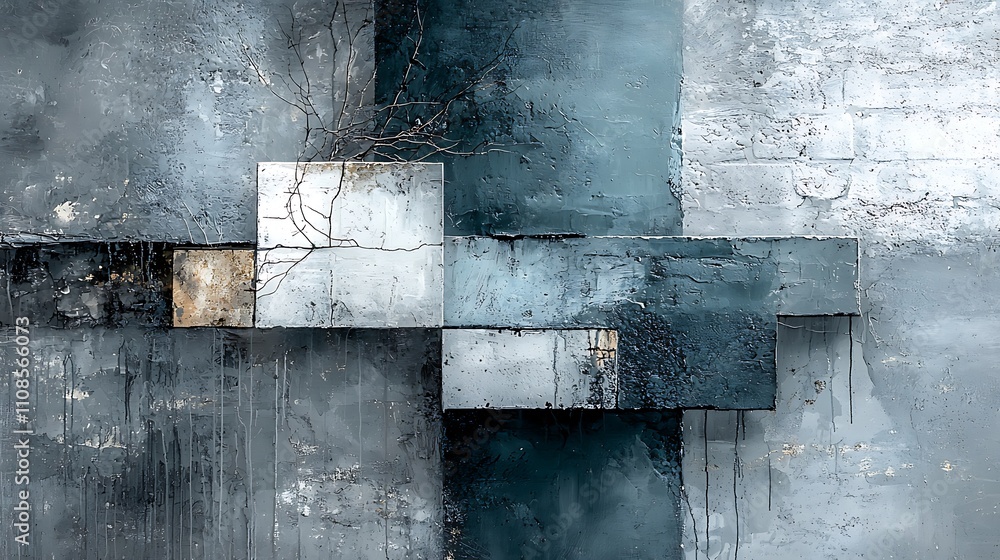 Poster serene abstract painting with fluid textures and muted colors featuring hidden branch pattern on a g