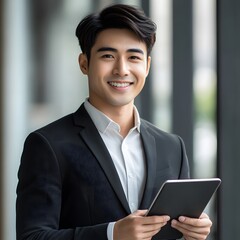 Portrait of a smiling Asian businessman holding a tablet, conveying confidence and professionalism.