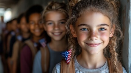Group of smiling children with backpacks and american flag accessories
