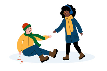 Person helps a friend who has fallen in a snowy outdoor setting during winter