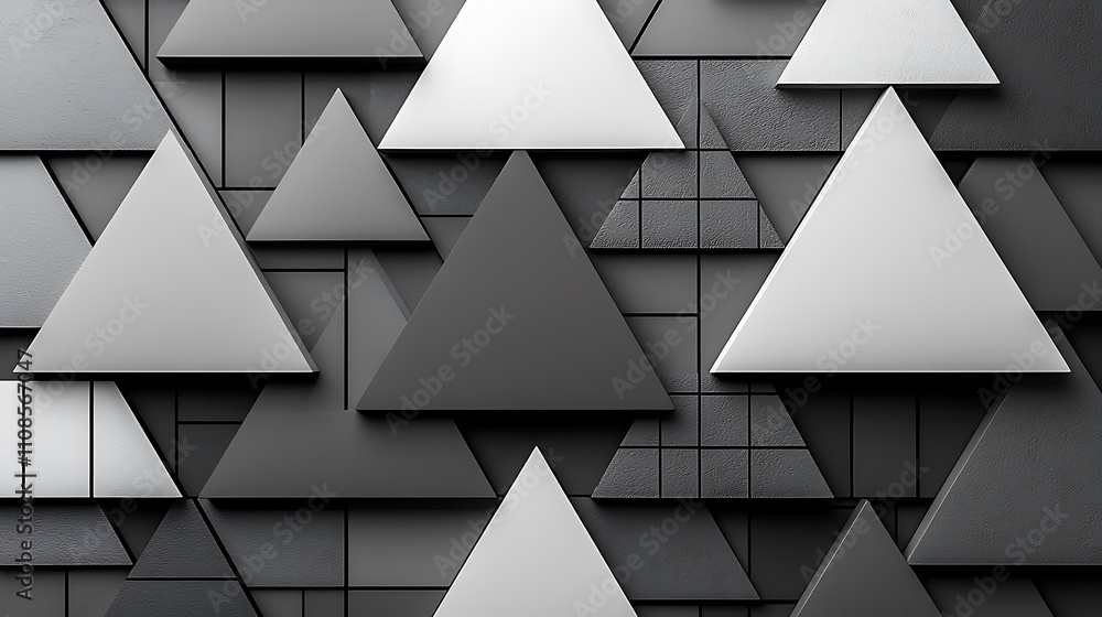 Poster abstract composition of sharp-edged triangles in various shades of gray, creating a modern, textured