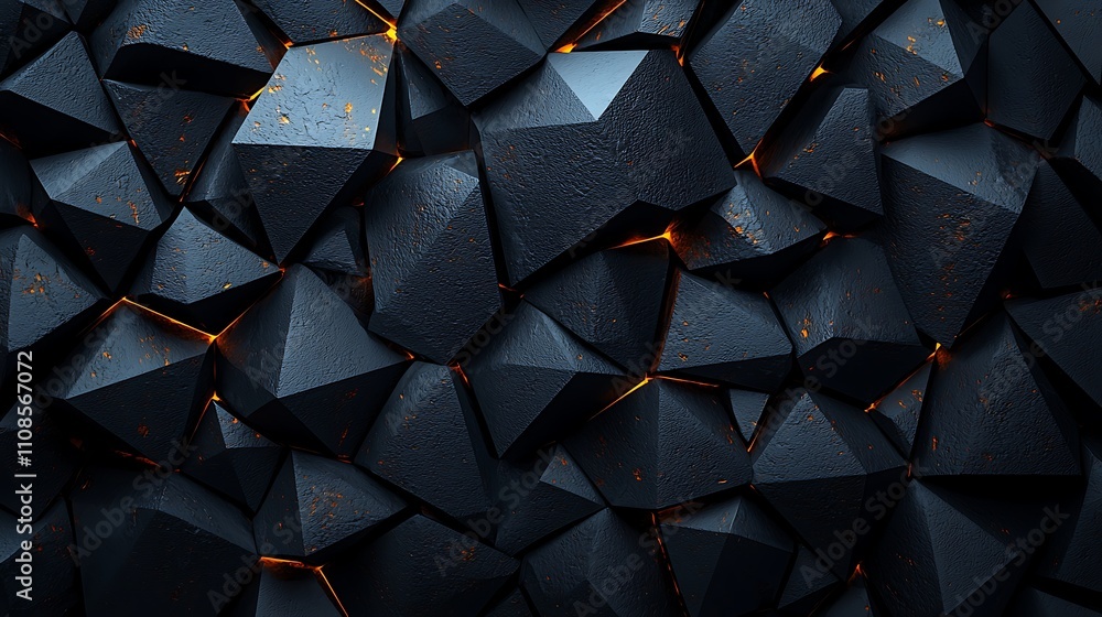 Poster intricate arrangement of sharp edged triangles in a dark texture with orange highlights for dynamic 