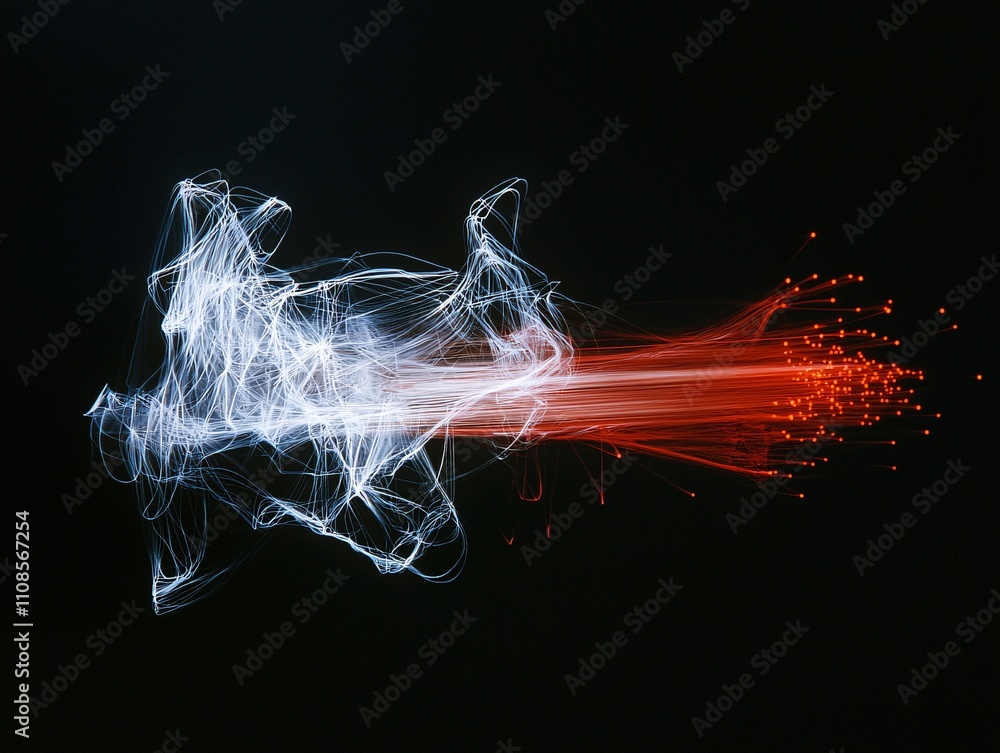 Poster dynamic visualization of a fiber optic data system, with light beams flowing through intricate patte