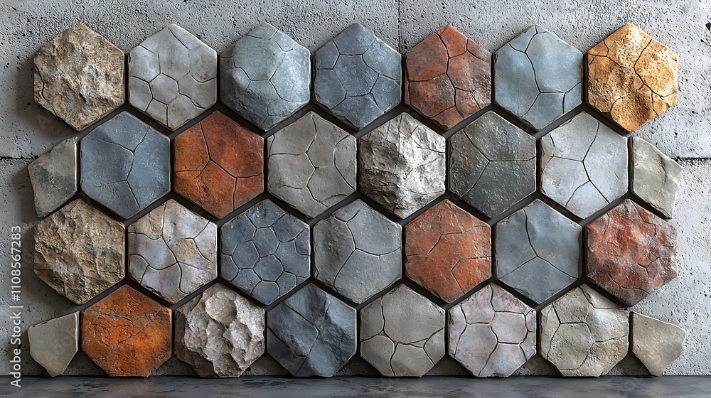 Poster a simplistic yet striking pattern of interlocking hexagonal tiles showcasing various textures and co